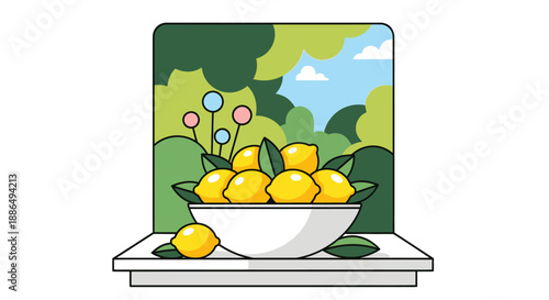 Bowl of Fresh Lemons with a Green Landscape Background Illustration.