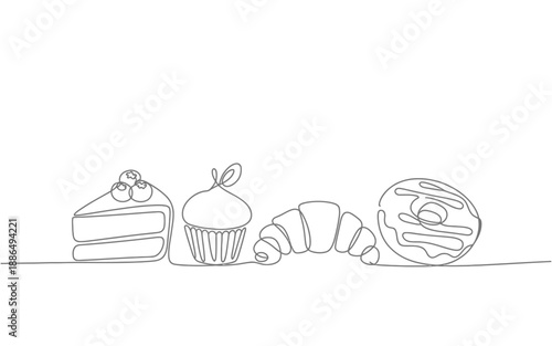 Delicious baked goods: slice of cake, cupcake, croissant, and donut, line drawing