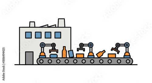 Automated factory production line with robotic arms on a conveyor belt system.