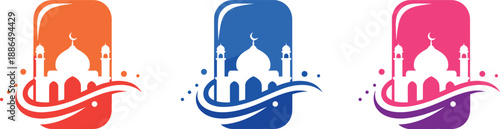 Minimal wave style Ramadan mosque rounded square vector icon set for Islamic festival design
