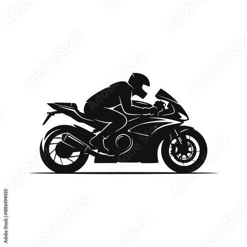 A black silhouette of a motorcyclist riding a sleek motorcycle