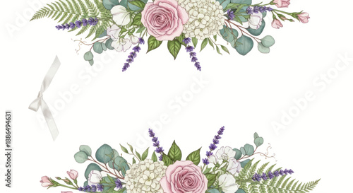 A delicate watercolor floral frame with pink roses white chrysanthemums lavender and eucalyptus foliage.