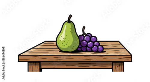A ripe green pear and a bunch of purple grapes resting on a wooden surface.