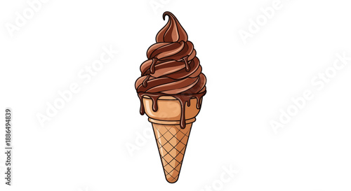 Delicious Chocolate Ice Cream Cone with Drizzled Chocolate Topping.