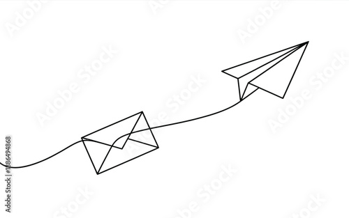 Paper airplane flying from an envelope, concept of sending messages online