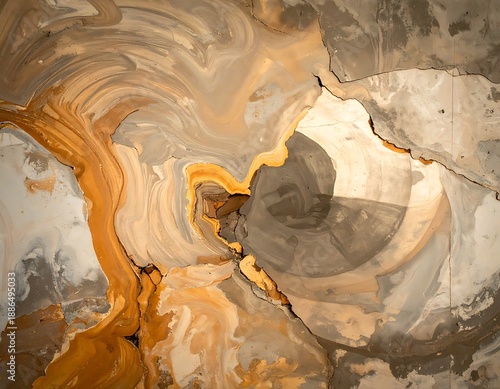 Abstract swirls of golden-brown, gray, and white coalesce on a rough textured surface, possibly concrete or stone