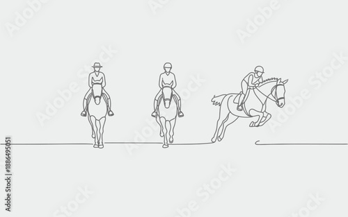 Horse jumping obstacle, show jumping equestrian sport, line art sequence