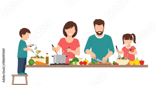 Family happily cooking together in a modern kitchen preparing a healthy meal.