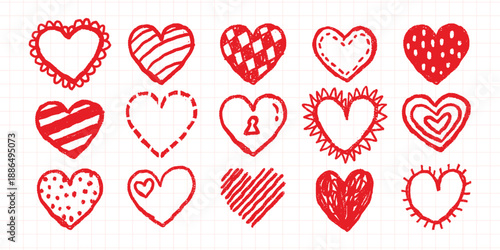 A collection of 15 red heart doodles, each with unique patterns. These heart doodles vary in design, showcasing creativity and love in each heart illustration. Cute hand drawn Valentine's Day vector.