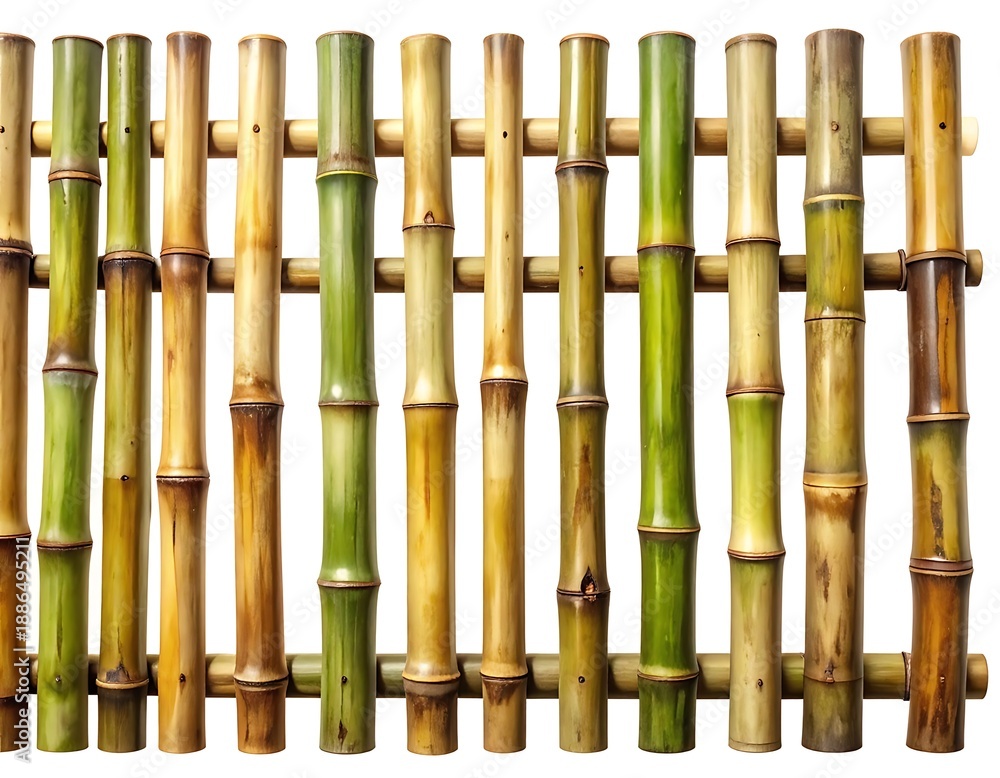 Obraz premium A section of bamboo fence with varied green and brown tones, arranged horizontally and secured