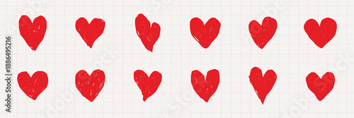 Pattern of red hearts on a grid background. Red hearts repeat in rows. Simple red heart design. Red hearts on grid. Heart pattern in red. Cute hand drawn Valentine's Day vector set.