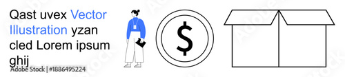 Online shopping, commerce, financial services, logistics, delivery, e-commerce. A person holding a document, a dollar symbol and an open box. Commerce and financial services concept