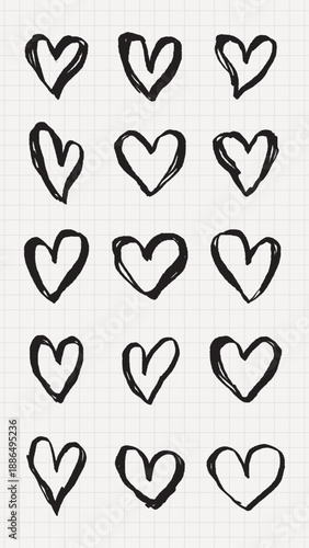 Grid of hand-drawn black hearts. Sketchy heart designs fill the grid. Black hearts repeat in a grid pattern. Artistic hearts in a sketchy style. Hand drawn Valentine's Day vector set.