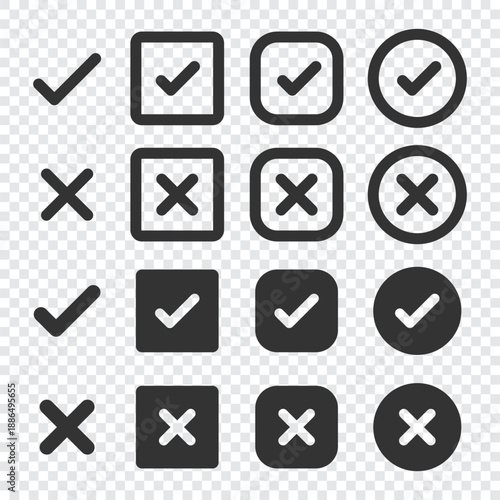 Set of check and cross icons. Includes check marks and crosses in circles and squares. Simple check and cross symbols for selection and rejection. Vector element set.