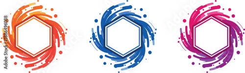 Colorful swirling paint splash hexagon frame vector illustration set for modern abstract design