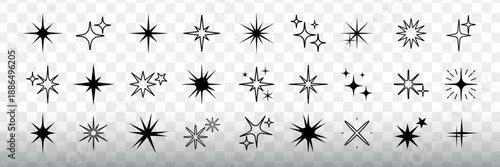 Collection of black starburst icons on an orange background. Starburst shapes vary in style. Starburst icons create a dynamic, decorative effect. Element vector set.