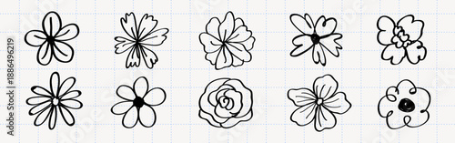 Doodle flowers in black and white. Hand-drawn floral designs, simple and artistic. Various flower shapes, doodle flowers on grid paper, artistic and simple. Cute hand drawn floral elements, vector set