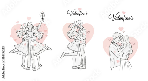 Romantic line art illustrations capturing the sweet embrace of couples in love, perfect for Valentine's Day and romantic celebrations