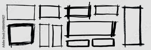 A collection of hand-drawn black rectangular frames. Sketchy, artistic frames in various sizes. Perfect for creative designs, adding a unique touch to projects. Hand drawn doodle frames, vector set.