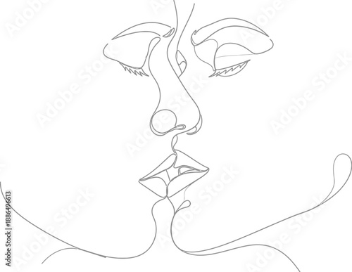 Minimalist continuous line drawing capturing the intimate moment of two faces about to kiss