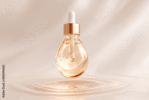 Elegant dropper bottle with golden liquid on soft beige background