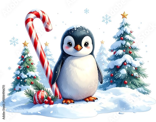 Adorable penguin illustration with candy cane, nestled in a snowy scene with Christmas trees and decorative baubles
