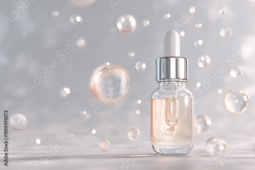 Luxurious skincare serum in glass dropper bottle with bubbles