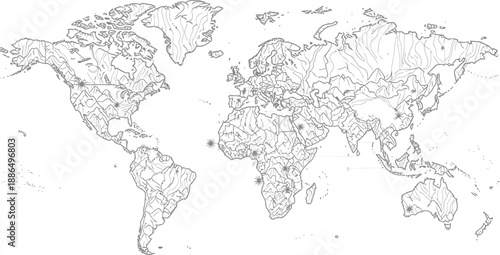 Detailed black and white world map illustration with topographical river features marked
