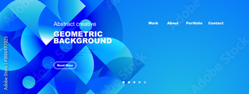 Modern website header design. Blue gradients, geometric shapes, text elements present. Navigation menu visible, button included.
