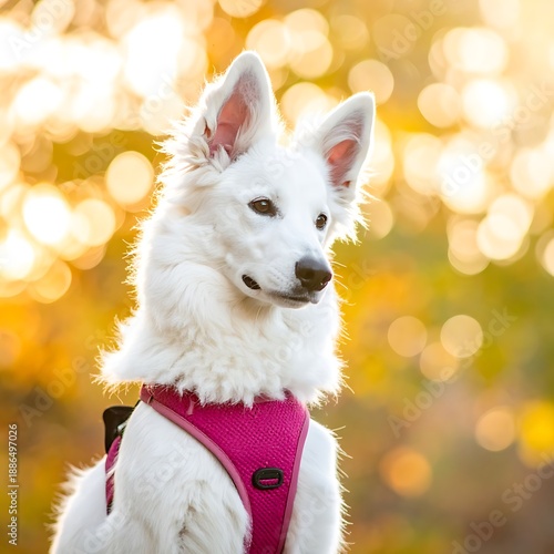 Adorable white dog with a pink harness against a bokeh background with autumnal golds and yellows