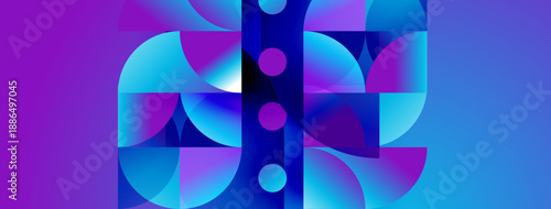 Abstract geometric composition. Vibrant blues, purples create dynamic visual effect. Circles, shapes intersect forming modern design.