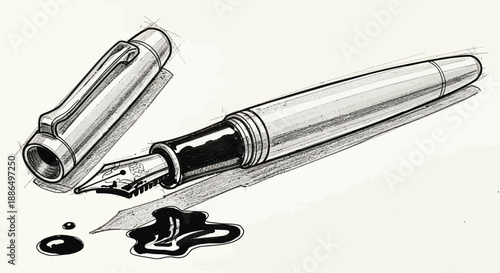 Detailed sketch of an uncapped luxury fountain pen with spilled ink drops