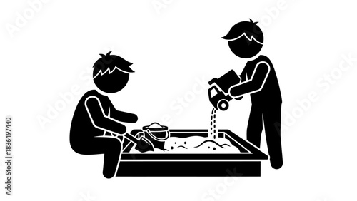 Two stick figure children playing in a sandbox with toys.