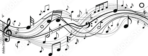 Abstract black and white musical notes flowing across wavy staff lines background