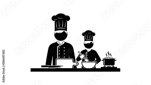 Two chefs in uniform cooking in a kitchen setting.