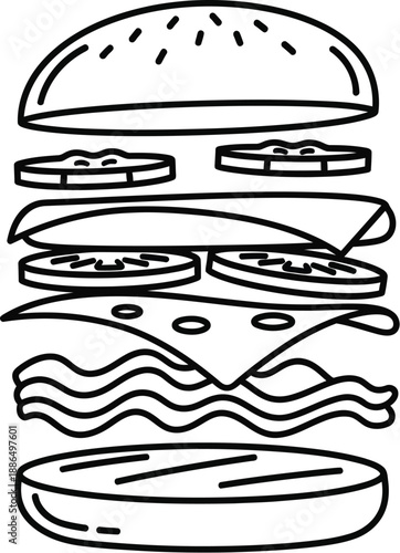 Exploded view black line art icon of a delicious bacon cheeseburger sandwich ingredients