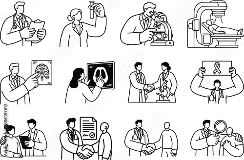 Set of Medical and Healthcare Vector Illustrations Featuring Doctors Patients and Cancer Awareness Ribbons Icon