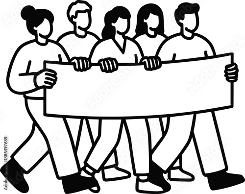 Group of People Marching and Holding a Large Banner for Protest or Demonstration Vector Illustration in Line Art Style for Social Activism and Rally Concepts