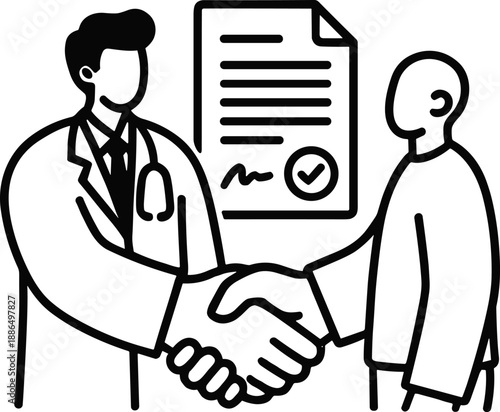 Doctor and Patient Shaking Hands with Approved Medical Insurance Agreement Document Vector Illustration