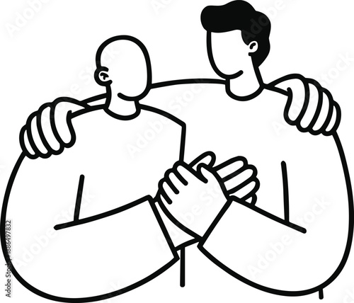 Two Male Friends Hugging for Support and Brotherhood Concept Vector Illustration in Outline Style