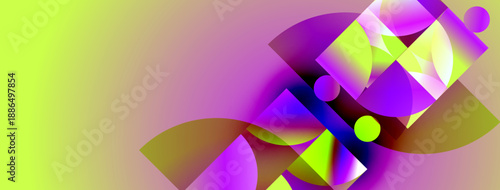 Abstract composition featuring vibrant gradients, geometric shapes, curves, circles. Colors blend smoothly creating dynamic visual effect.