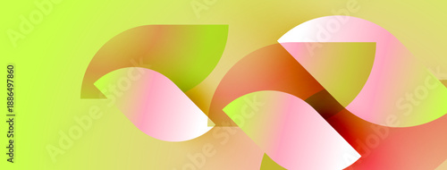 Abstract shapes overlap, creating soft color blends. Yellow, green, orange, pink hues dominate composition. Fluidity suggests movement.