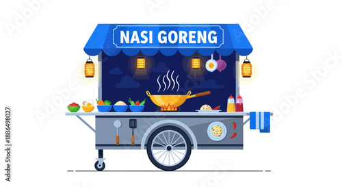 Colorful Illustrated Nasi Goreng Food Cart with Canopy and Sign.