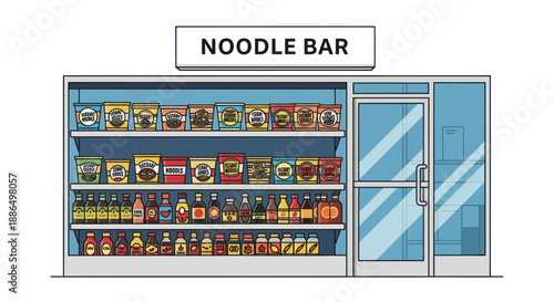 Front view illustration of a Noodle Bar storefront with glass windows and fully stocked shelves.
