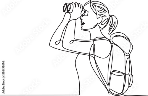 young woman looking at nature through binoculars with backpack lifestyle.one line vector illustration with out background
