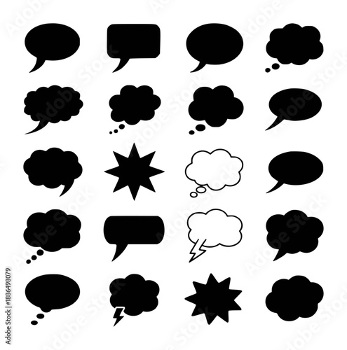 Black and white comic book style speech bubbles and thought clouds