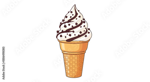 Delicious Swirl Soft Serve Ice Cream Cone with Chocolate Drizzle and Chips.