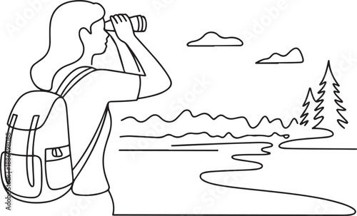 young woman looking at nature through binoculars with backpack lifestyle.one line vector illustration with out background