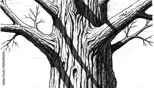 Detailed black and white ink drawing of a massive ancient tree trunk and branches