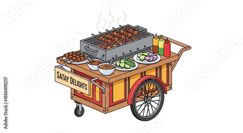 Delicious Satay Delights Food Cart with Grilling Skewers and Condiments.